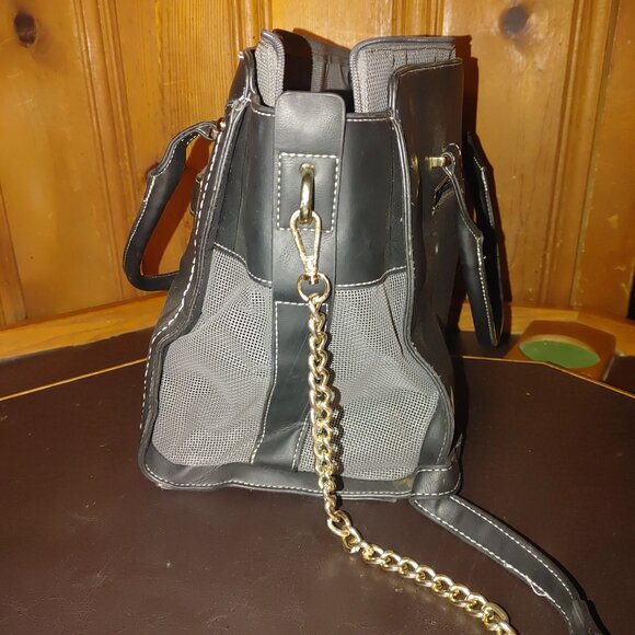 Pet Carrier Bag Purse Mesh Sides Quilted Base Black Gray Gold Chain Strap - Picture 8 of 9